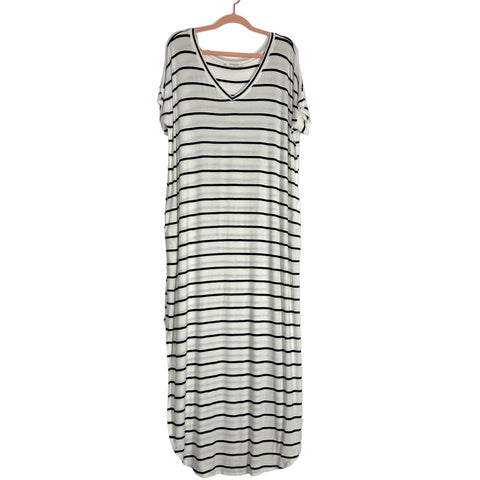 Zenana White and Black Striped Round Hem Side Slits V-Neck Shirt Dress- Size S