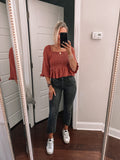 American Eagle Rust Polka Dot Ruffle 3/4 Sleeve Smocked Peplum Top- Size S