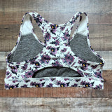 Senita Athletics White with Purple Floral Back Cutout Sports Bra- Size L