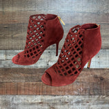 Jimmy Choo Wine Suede Leather Cutout Peep Toe Stiletto Booties- Size 35.5