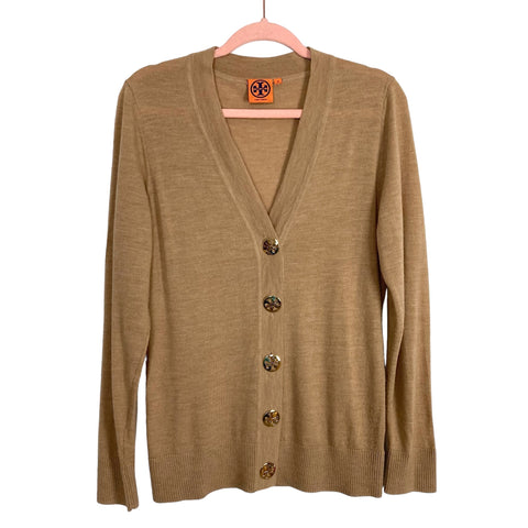 Tory Burch Brown Gold Button Front 100% Merino Wool Cardigan- Size M