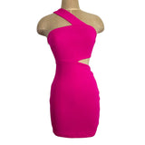 Lulu's Hot Pink Textured Knit One Shoulder with Side Cut Out Mini Dress- Size XS