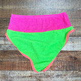 Pink Lily Hot Pink/Neon Green Color Block Textured High Waisted Bikini Bottoms - Size S (sold out online, we have matching bikini top)