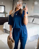 Pretty Garden Navy Off the Shoulder Drawstring Waist Jumpsuit- Size S