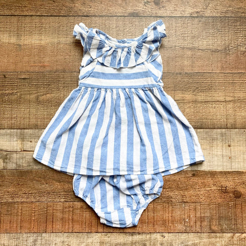 Habitual Kid White/Blue Striped Linen Blend Ruffle Dress with Matching Bloomers- Size 18M (sold as a set)
