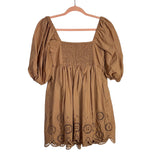 Abercrombie & Fitch Light Brown Pleated Bodice Puff Sleeve Eyelet Detail Dress- Size S
