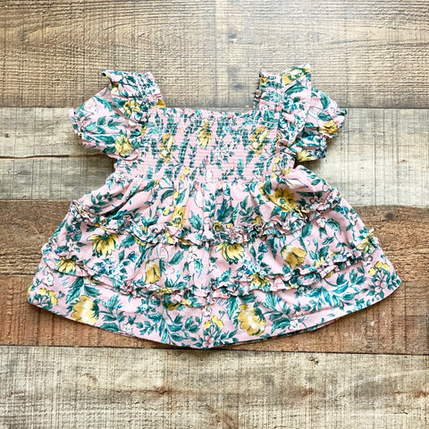 Janie and Jack Pink/Green/Yellow Floral Print Ruffle Smocked Dress/Top- Size 12-18M