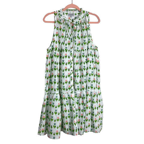 Olivia James White with Tulip Print and Ruffle Tie Neckline Button Up Dress- Size L (see notes)