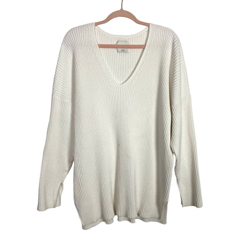 Abercrombie & Fitch White Ribbed Split Cuff V-Neck Tunic Sweater-Size XL (see notes)