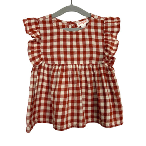Cat & Jack Rust and Cream Check Flutter Sleeve Top- Size 3T