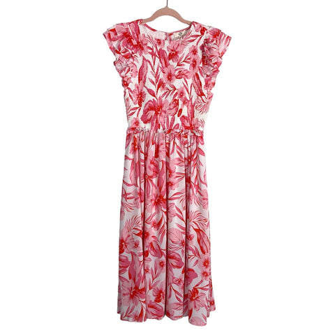 Entro Pink Floral Smocked Bodice Ruffle Sleeve Dress- Size M
