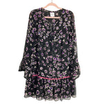 MISA Los Angeles Black with Gray/Fuchsia Flowers Slightly Sheer with Front Tassel Tie Dress- Size XL