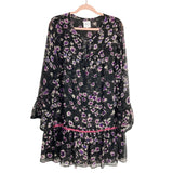 MISA Los Angeles Black with Gray/Fuchsia Flowers Slightly Sheer with Front Tassel Tie Dress- Size XL