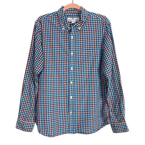 Old Navy MEN’S The Classic Regular Fit Blue and Red Check Button Up Shirt- Size M