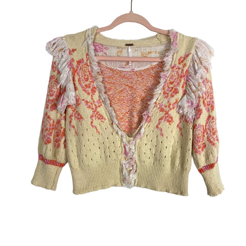 Free People Cream Pink and Orange Front Button Fringe Trim Sweater Cardigan- Size S (see notes)