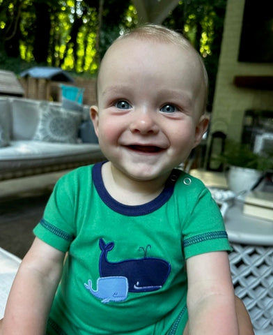 Shower Me With Love Green Whale Romper- Size 6M (see notes)