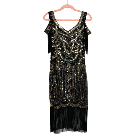 Babeyond Black/Gold Beaded Sequin Off Shoulder Flapper Fringe Dress NWT- Size S