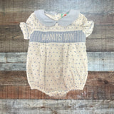 The Smocked Flamingo White and Blue Swiss Dot Smocked Mamas Boy Bubble- Size 18M