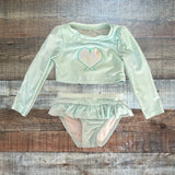 Cat & Jack Light Blue Hearts and Shimmery Sea Shell Rash Guard and Ruffle Bottoms Set- Size 3T (see notes, sold as a set)