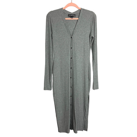 GSTQ Gray Ribbed Snap Front with Side Slits Dress- Size XS
