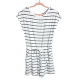 Pretty Garden White/Black Striped Off the Shoulder Drawstring Waist Romper- Size S