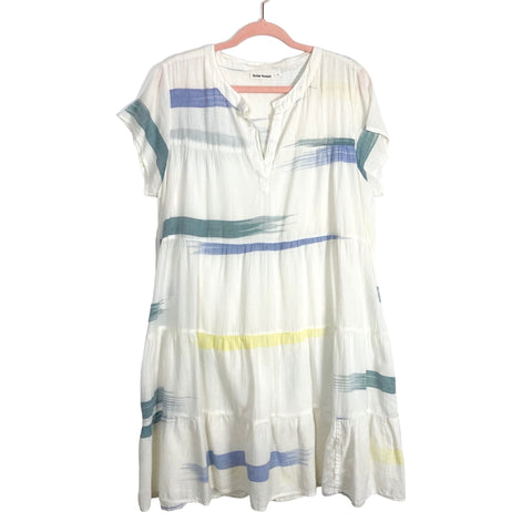 Roller Rabbit White/Blue/Yellow Paintbrush Strokes Notched Neckline Tiered Dress- Size XL (see notes)