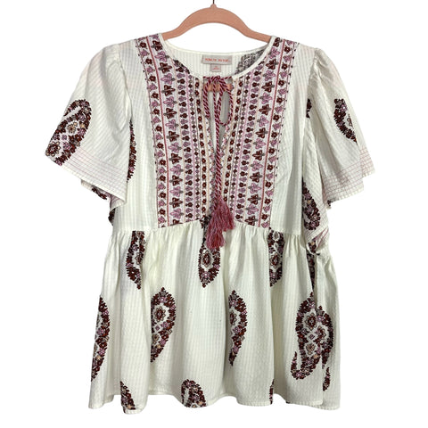 Knox Rose White Wine/Pink Printed Tassel Tie Top- Size M (see notes)