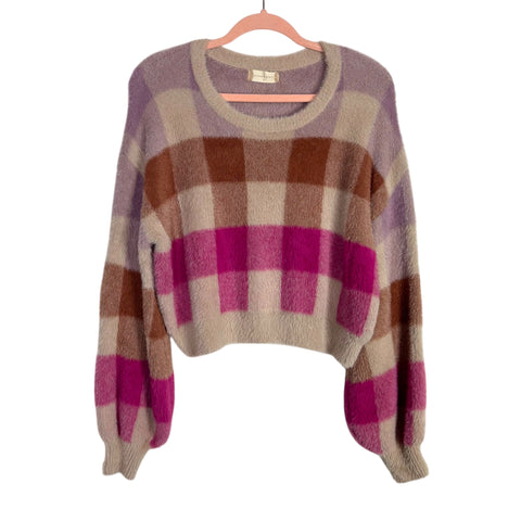 Altar'd State Taupe/Pink/Brown/Purple Checkered Fuzzy Sweater NWT- Size S