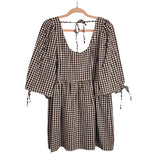 Showpo. Brown and White Check Tie Front Puff Sleeve Mini Dress NWT- Size 4