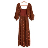 Free People Brown Embroidered Floral Smocked Bodice Dress- Size ~S (see notes)
