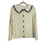 Carly Jean Cream with Navy Crochet Trim and Buttons Wool Blend Cardigan Sweater- Size S