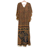 RAGA Paisley Printed Tassel Arm Trim Lace Up Smocked Dress- Size M