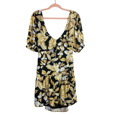 Amalie by Showpo Black/Yellow/Tan Linen Floral Leaf Print Front and Back Cut Outs and Back Tie Dress- Size 12