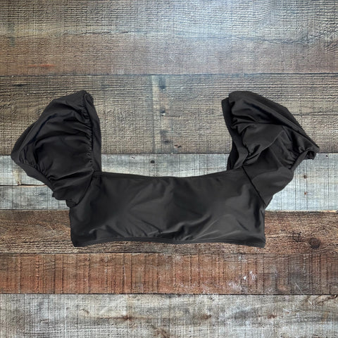 No Brand Black Puff Sleeves Tie Back Swim Top - Size M
