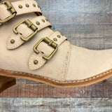 Beast Fashion Cream Distressed Studded Belted Booties- Size 7.5 (see notes)