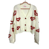 Pink Lily White/Red Heart Pom Cardigan - Size L