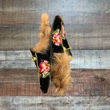Gucci Black Floral Velvet Fur Lined Mules- Size 6