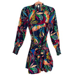Farm Rio for Anthropologie Multi-Color Tropical Parrots with Tie Belt Bubble Hem Dress- Size S