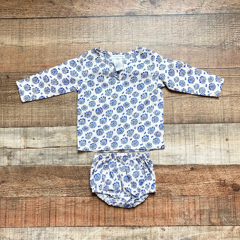 Milk and Honey White/Blue Pattern Top with Matching Ruffle Bloomers- Size 12M (sold as a set)