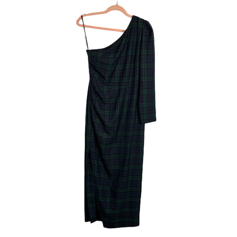 Antonio Melani Born on Fifth Green Black and Navy Plaid One Shoulder Side Slit Dress NWT- Size 4