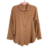 Pink Lily Camel Gauze Raw Hem Button Up- Size S (sold out online)