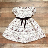 Edgehill Collection Ivory with Maroon/Light Blue Floral Print and Back Velvet Bow Dress- Size 4T
