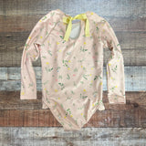 Minnow Pale Pink with Floral Print and Back Ribbon Tie Rashguard One Piece Swimsuit- Size 5/6T (see notes, we have matching swimsuit)