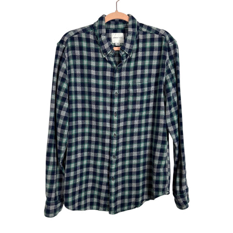 American Eagle Navy Blue/Green/White Plaid Shirt - Size L