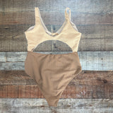 No Brand Cream Ribbed Top and Mocha Ribbed Bottom Front and Back Cut Outs Padded One Piece- Size L