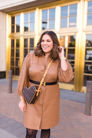 Avec Les Filles Camel Faux Leather Button Up Dress- Size XL (sold out The Saved Collection Avec Les Filles Camel Faux Leather Button Up Dress- Size XL (sold out The Saved Collection