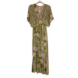 Olivaceous Green and Pink Printed Front Slits with Back Cutout Dress- Size S