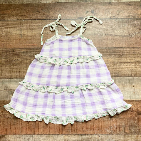 Angel Dear Muslin Purple and White Check with Floral Trim Shoulder Tie Dress- Size 3T