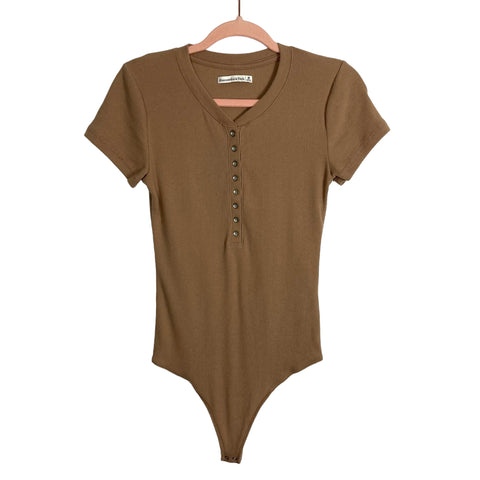 Abercrombie & Fitch Brown Ribbed with Front Buttons Thong Bodysuit- Size M