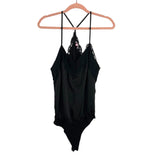 Pink Lily Black Satin and Lace Racerback Tank Thong Bodysuit- Size S